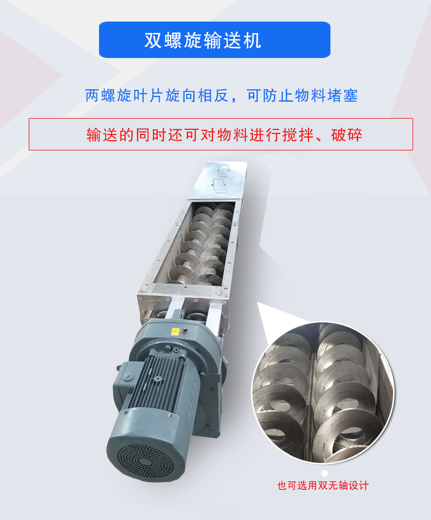 双螺旋输送机两螺旋叶片旋向相反，可防止物料堵塞